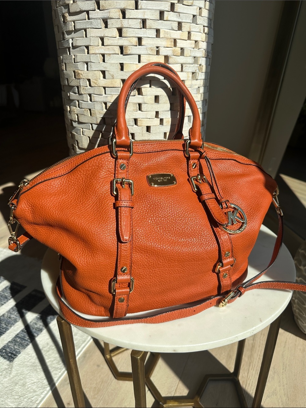 Michael Kors Orange Pebbled Leather Satchel with Gold Hardware EUC